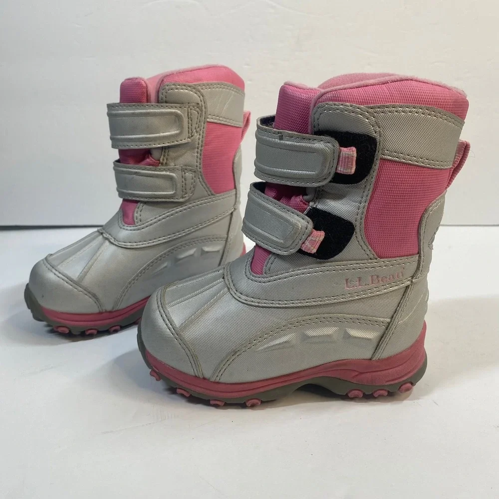 L.L.Bean Snow Boots Toddler Girls Size 7‎ Silver Pink Hook Loop Insulated Winter